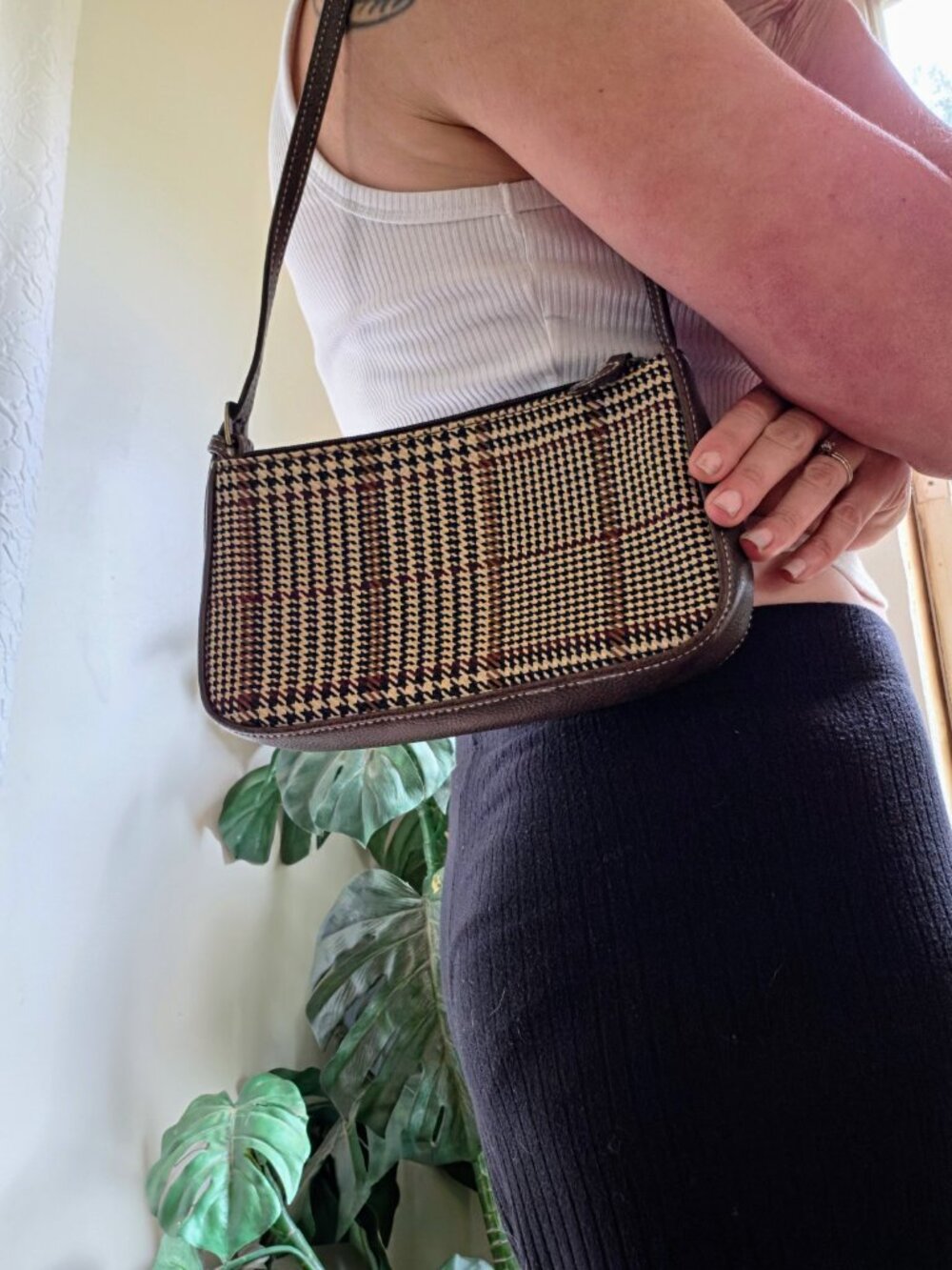 Vintage Liz Claiborne Villager Small Mini Y2K Plaid Print Purse Black Grey
